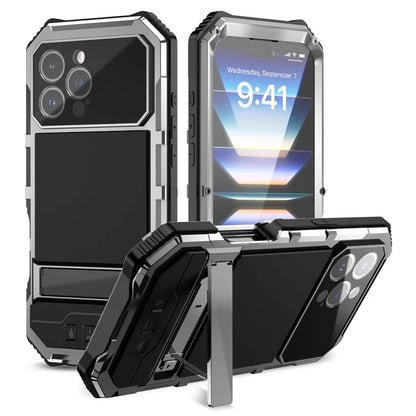 R-JUST For iPhone 16 Pro Max Case PC+Silicone+Metal Kickstand Phone Cover with Tempered Glass Film