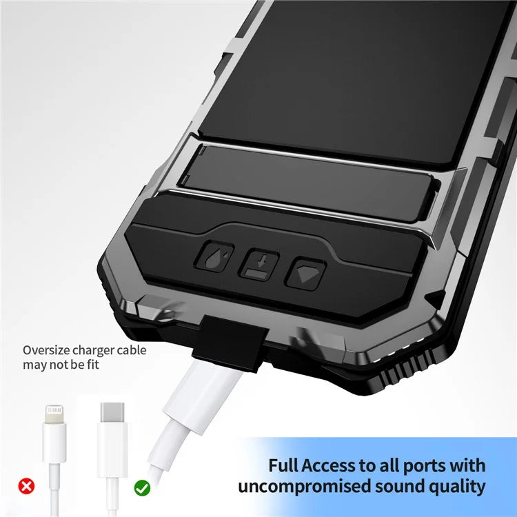 R-JUST For iPhone 16 Pro Max Case PC+Silicone+Metal Kickstand Phone Cover with Tempered Glass Film