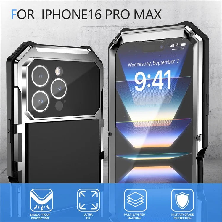 R-JUST For iPhone 16 Pro Max Case PC+Silicone+Metal Kickstand Phone Cover with Tempered Glass Film