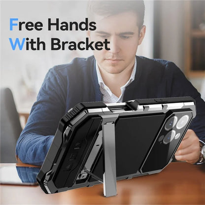 R-JUST For iPhone 16 Pro Max Case PC+Silicone+Metal Kickstand Phone Cover with Tempered Glass Film