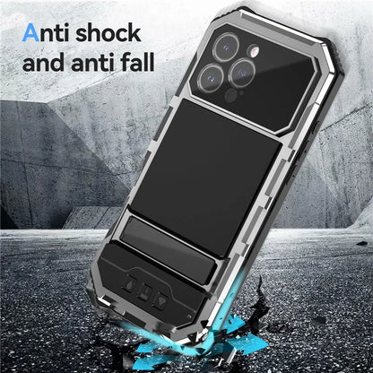R-JUST For iPhone 16 Pro Max Case PC+Silicone+Metal Kickstand Phone Cover with Tempered Glass Film