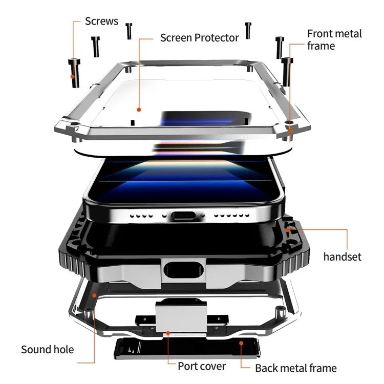 R-JUST For iPhone 16 Pro Max Case PC+Silicone+Metal Kickstand Phone Cover with Tempered Glass Film