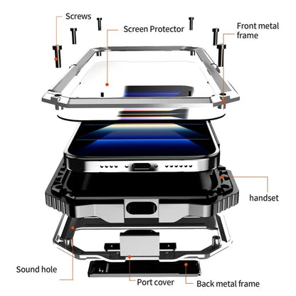 R-JUST For iPhone 16 Pro Max Case PC+Silicone+Metal Kickstand Phone Cover with Tempered Glass Film