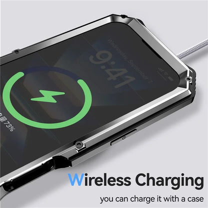 R-JUST For iPhone 16 Pro Max Case PC+Silicone+Metal Kickstand Phone Cover with Tempered Glass Film