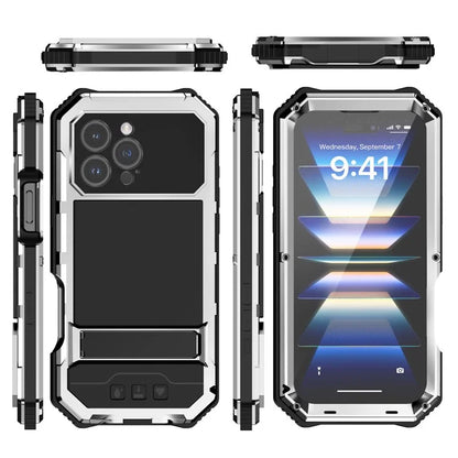 R-JUST For iPhone 16 Pro Max Case PC+Silicone+Metal Kickstand Phone Cover with Tempered Glass Film
