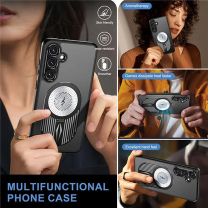 For Samsung Galaxy S24 FE Magnetic Case Heat Dissipation Aromatherapy Kickstand Silicone+PC Phone Cover