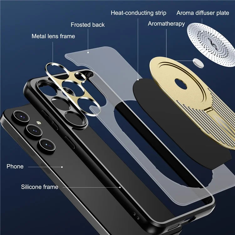 For Samsung Galaxy S24 FE Magnetic Case Heat Dissipation Aromatherapy Kickstand Silicone+PC Phone Cover