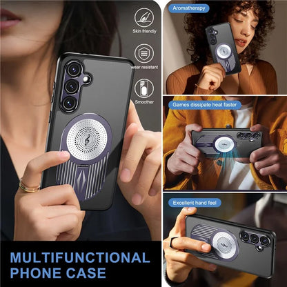 For Samsung Galaxy S24 FE Magnetic Case Heat Dissipation Aromatherapy Kickstand Silicone+PC Phone Cover