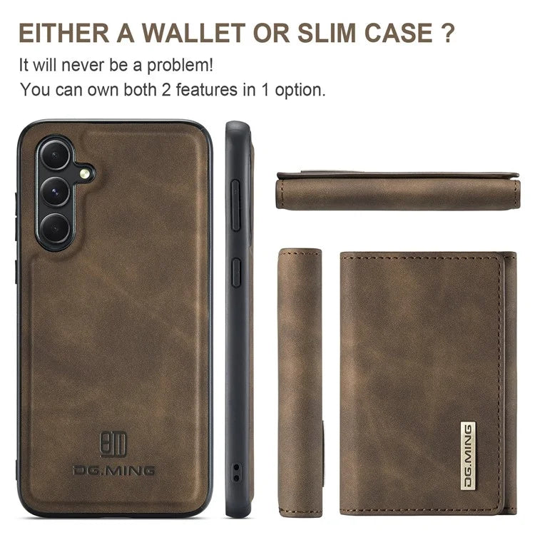 DG.MING M1 Series for Samsung Galaxy S24 FE Case Kickstand PU Phone Cover with Detachable Wallet