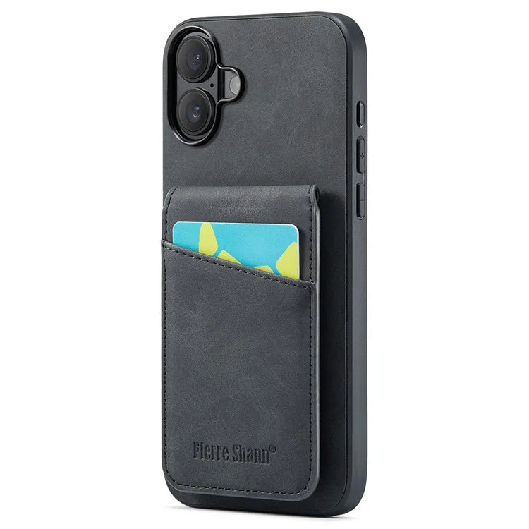 FIERRE SHANN For iPhone 16 Plus Case Card Holder Kickstand Leather RFID Blocking Back Cover