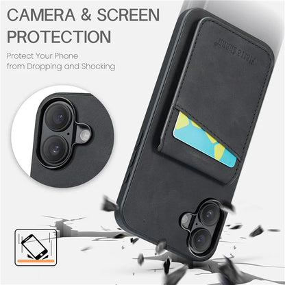 FIERRE SHANN For iPhone 16 Plus Case Card Holder Kickstand Leather RFID Blocking Back Cover