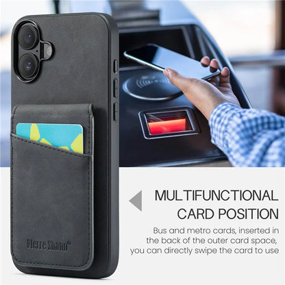 FIERRE SHANN For iPhone 16 Plus Case Card Holder Kickstand Leather RFID Blocking Back Cover