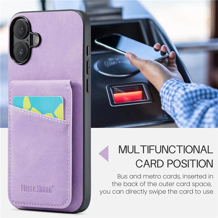 FIERRE SHANN For iPhone 16 Plus Case Card Holder Kickstand Leather RFID Blocking Back Cover