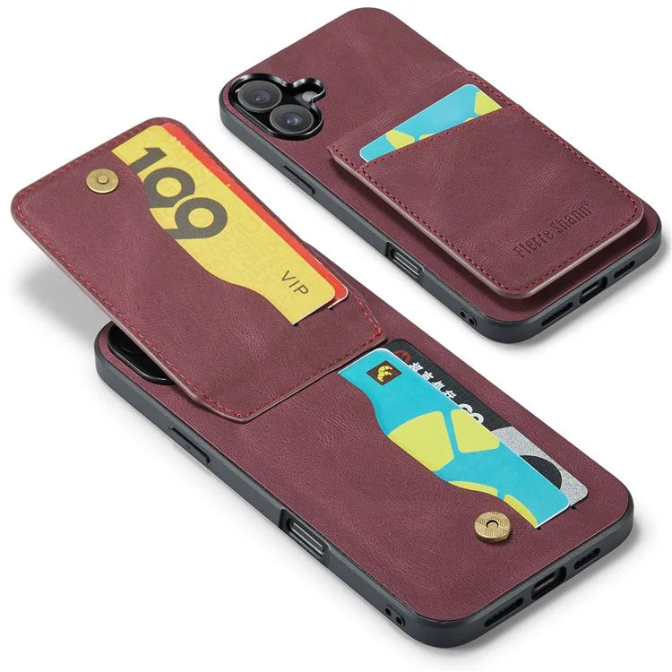 FIERRE SHANN For iPhone 16 Plus Case Card Holder Kickstand Leather RFID Blocking Back Cover
