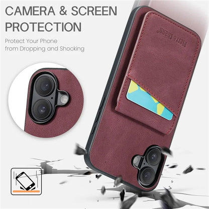 FIERRE SHANN For iPhone 16 Plus Case Card Holder Kickstand Leather RFID Blocking Back Cover
