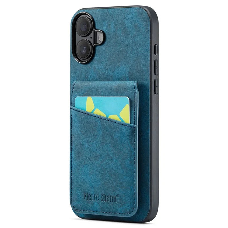 FIERRE SHANN For iPhone 16 Plus Case Card Holder Kickstand Leather RFID Blocking Back Cover