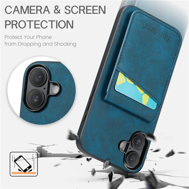 FIERRE SHANN For iPhone 16 Plus Case Card Holder Kickstand Leather RFID Blocking Back Cover