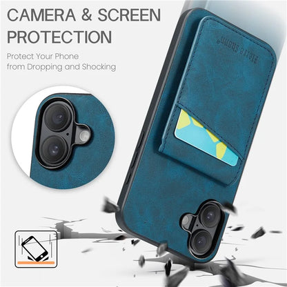 FIERRE SHANN For iPhone 16 Plus Case Card Holder Kickstand Leather RFID Blocking Back Cover