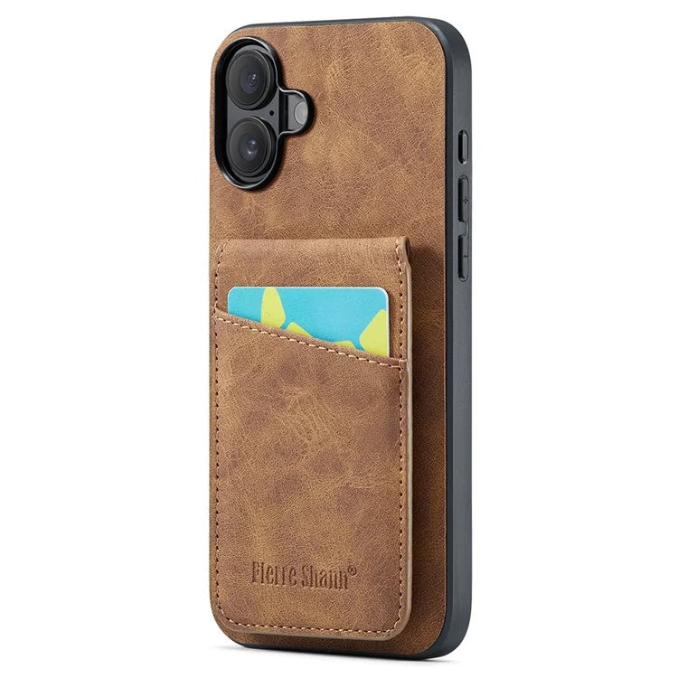 FIERRE SHANN For iPhone 16 Plus Case Card Holder Kickstand Leather RFID Blocking Back Cover