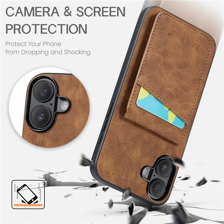 FIERRE SHANN For iPhone 16 Plus Case Card Holder Kickstand Leather RFID Blocking Back Cover