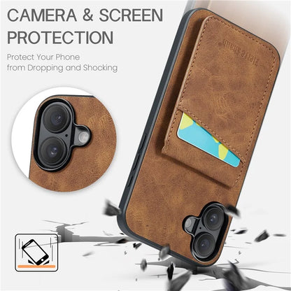 FIERRE SHANN For iPhone 16 Plus Case Card Holder Kickstand Leather RFID Blocking Back Cover