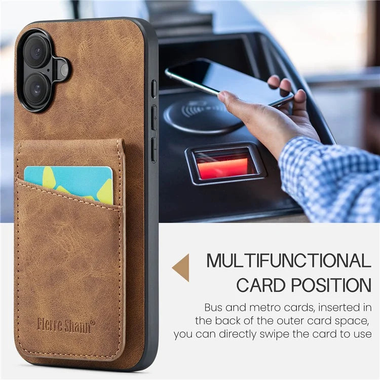 FIERRE SHANN For iPhone 16 Plus Case Card Holder Kickstand Leather RFID Blocking Back Cover