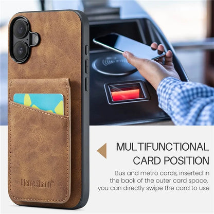 FIERRE SHANN For iPhone 16 Plus Case Card Holder Kickstand Leather RFID Blocking Back Cover