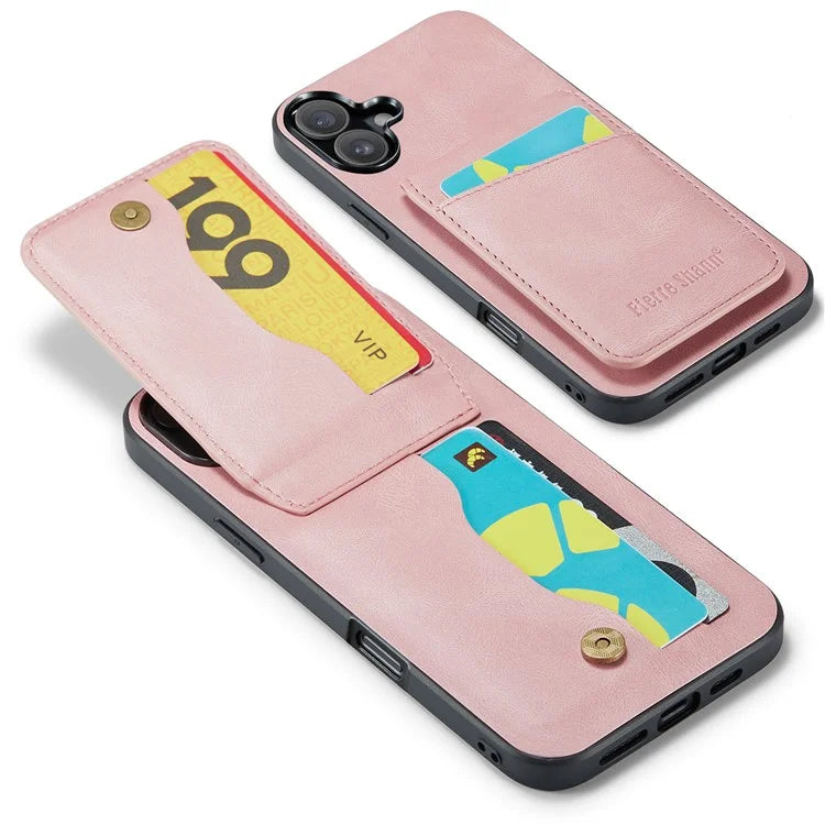 FIERRE SHANN For iPhone 16 Plus Case Card Holder Kickstand Leather RFID Blocking Back Cover
