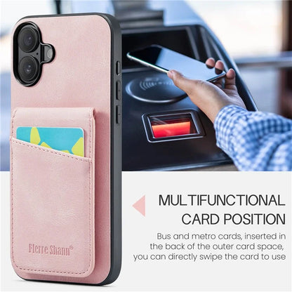 FIERRE SHANN For iPhone 16 Plus Case Card Holder Kickstand Leather RFID Blocking Back Cover