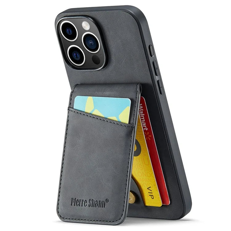 FIERRE SHANN For iPhone 16 Pro Case Card Holder Kickstand Leather RFID Blocking Back Cover