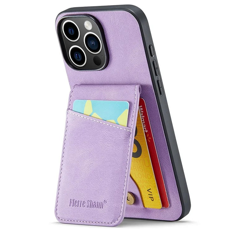 FIERRE SHANN For iPhone 16 Pro Case Card Holder Kickstand Leather RFID Blocking Back Cover