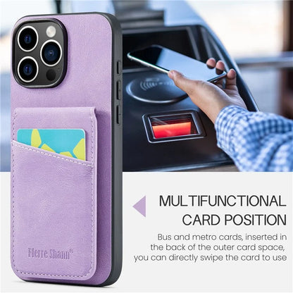 FIERRE SHANN For iPhone 16 Pro Case Card Holder Kickstand Leather RFID Blocking Back Cover