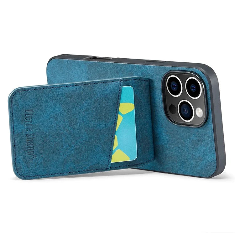 FIERRE SHANN For iPhone 16 Pro Case Card Holder Kickstand Leather RFID Blocking Back Cover