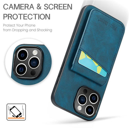 FIERRE SHANN For iPhone 16 Pro Case Card Holder Kickstand Leather RFID Blocking Back Cover
