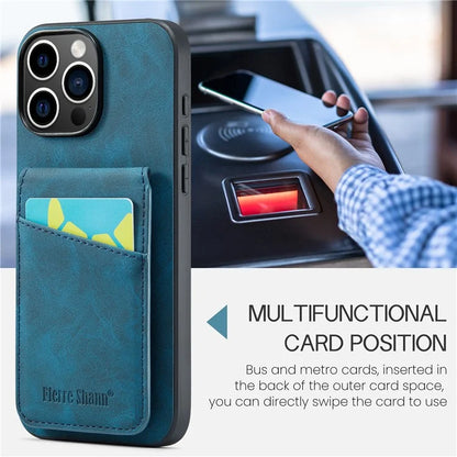FIERRE SHANN For iPhone 16 Pro Case Card Holder Kickstand Leather RFID Blocking Back Cover