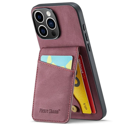 FIERRE SHANN For iPhone 16 Pro Case Card Holder Kickstand Leather RFID Blocking Back Cover