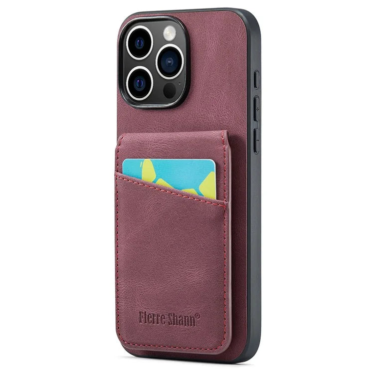 FIERRE SHANN For iPhone 16 Pro Case Card Holder Kickstand Leather RFID Blocking Back Cover