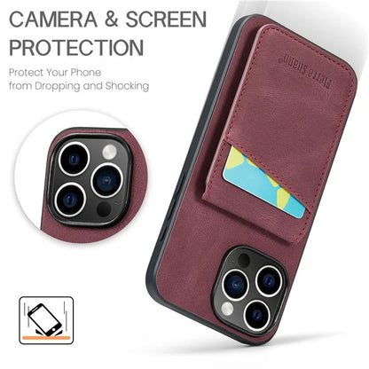 FIERRE SHANN For iPhone 16 Pro Case Card Holder Kickstand Leather RFID Blocking Back Cover
