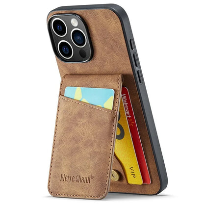 FIERRE SHANN For iPhone 16 Pro Case Card Holder Kickstand Leather RFID Blocking Back Cover