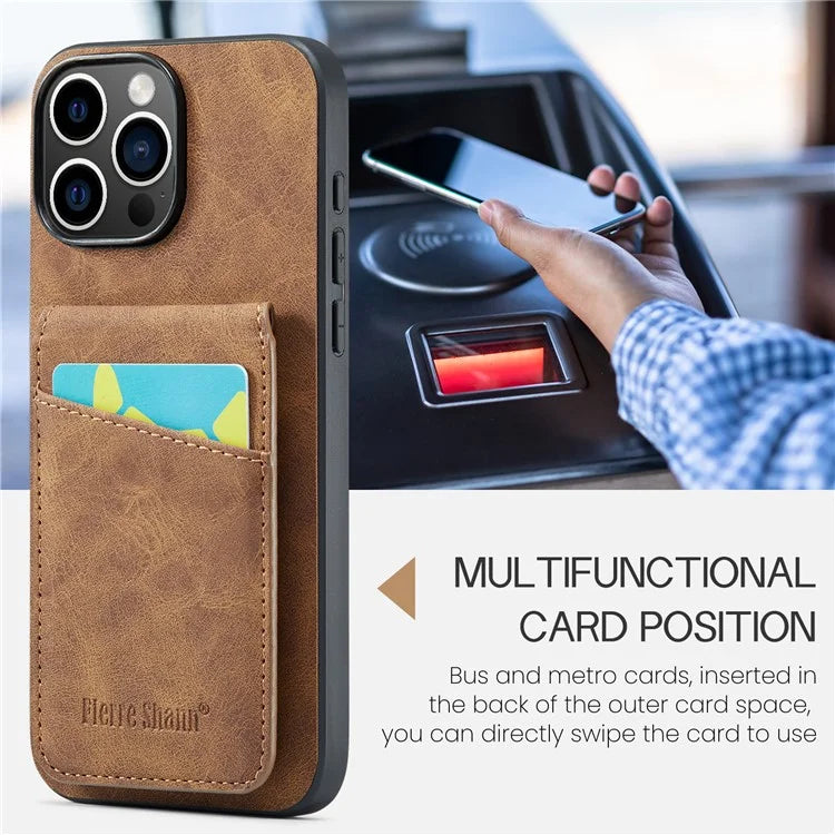 FIERRE SHANN For iPhone 16 Pro Case Card Holder Kickstand Leather RFID Blocking Back Cover