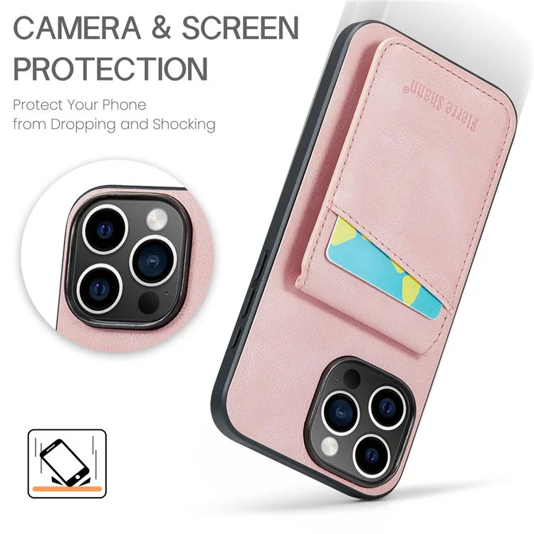 FIERRE SHANN For iPhone 16 Pro Case Card Holder Kickstand Leather RFID Blocking Back Cover