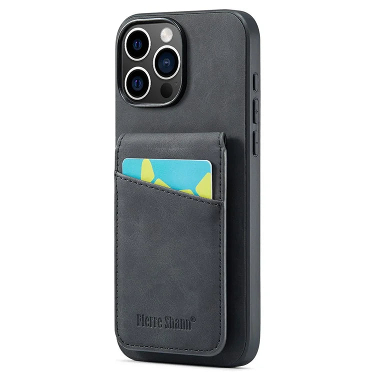 FIERRE SHANN For iPhone 16 Pro Max Case Card Holder Kickstand Leather RFID Blocking Back Cover