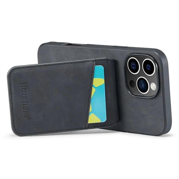 FIERRE SHANN For iPhone 16 Pro Max Case Card Holder Kickstand Leather RFID Blocking Back Cover