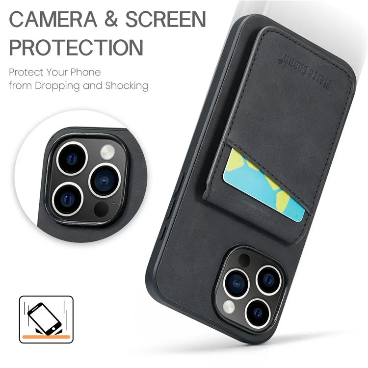 FIERRE SHANN For iPhone 16 Pro Max Case Card Holder Kickstand Leather RFID Blocking Back Cover
