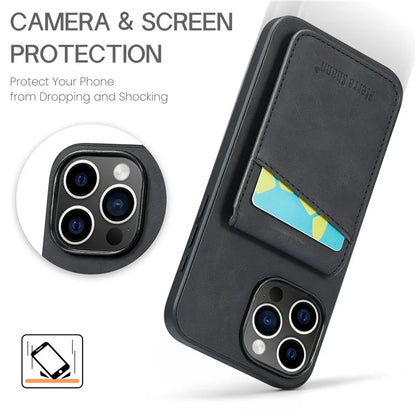 FIERRE SHANN For iPhone 16 Pro Max Case Card Holder Kickstand Leather RFID Blocking Back Cover