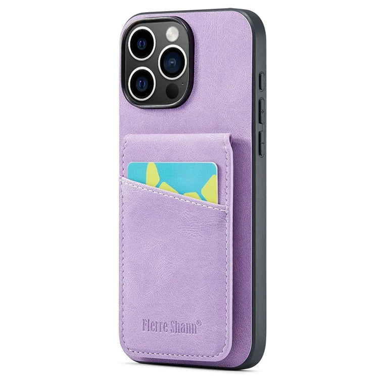 FIERRE SHANN For iPhone 16 Pro Max Case Card Holder Kickstand Leather RFID Blocking Back Cover