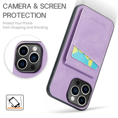 FIERRE SHANN For iPhone 16 Pro Max Case Card Holder Kickstand Leather RFID Blocking Back Cover