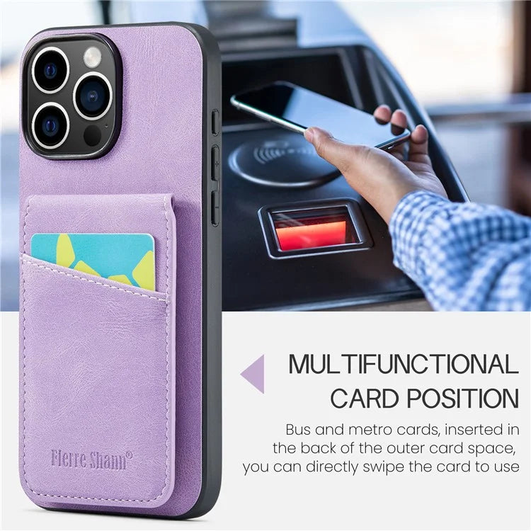 FIERRE SHANN For iPhone 16 Pro Max Case Card Holder Kickstand Leather RFID Blocking Back Cover