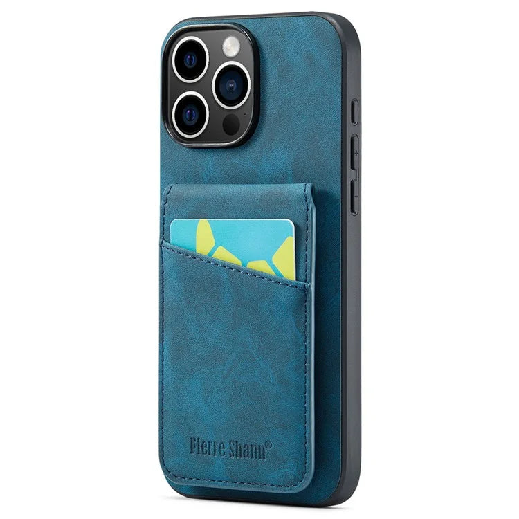 FIERRE SHANN For iPhone 16 Pro Max Case Card Holder Kickstand Leather RFID Blocking Back Cover