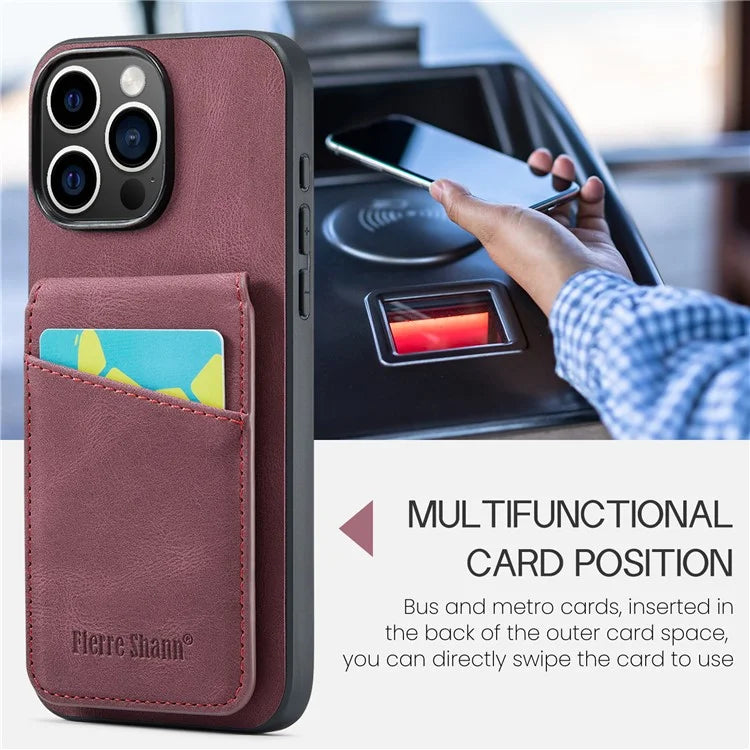 FIERRE SHANN For iPhone 16 Pro Max Case Card Holder Kickstand Leather RFID Blocking Back Cover